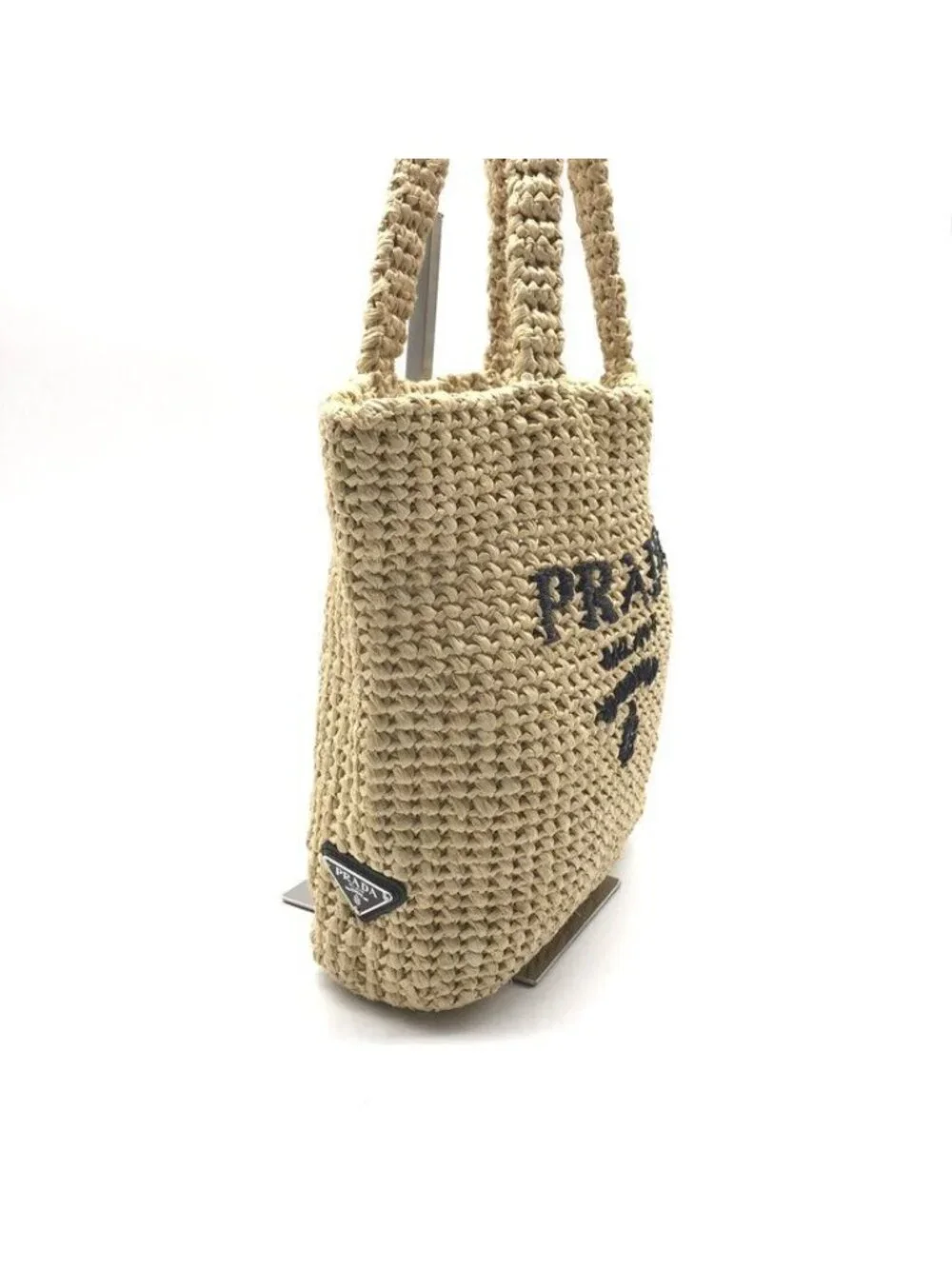 Prada Raffia Tote Shoulder Basket Crochet Logo Embroidery